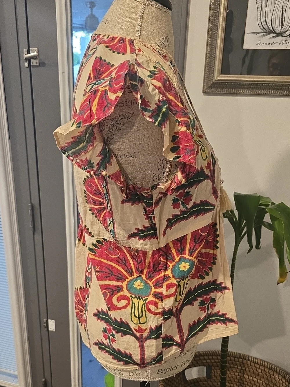 Haute Hippie Boho Embroidered Tassel Peasant Top - Cream & Red Floral - Picture 7 of 9